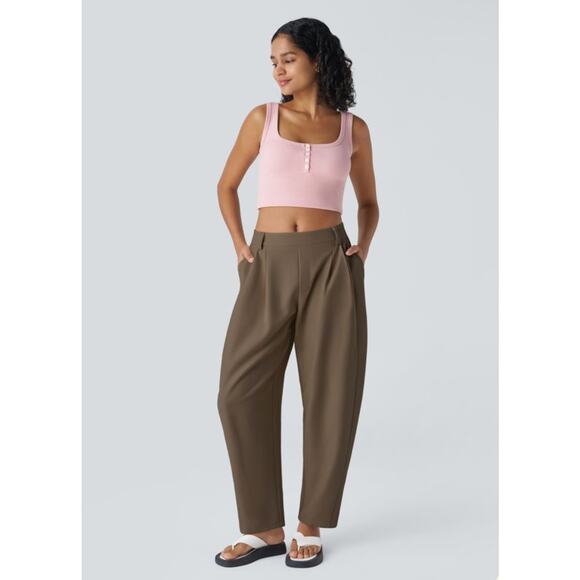 HALARA Sz M Mid Rise Pocket Barrel Leg Work Pants Brown Quality Comfort Trendy - Picture 1 of 10